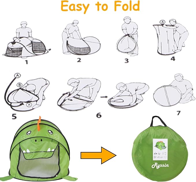 Pop up Kids Play Tent, Foldable Kids Playhouse Indoor Outdoor Toys Tents for Boys Girls Toddlers Birthday with Portable Storage Bag, Green Dinosaur