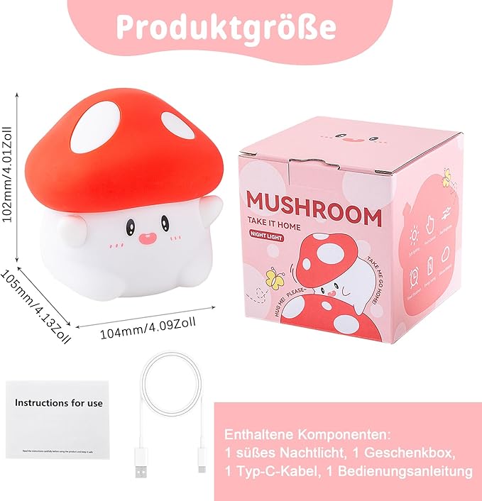 Rytinazzz Silicone Night Light for Kids, 50H Long Battery Mushroom Lamp, Gift for Kids, Cute Bedside Light for Girls Room, Rechargeable Tap Control
