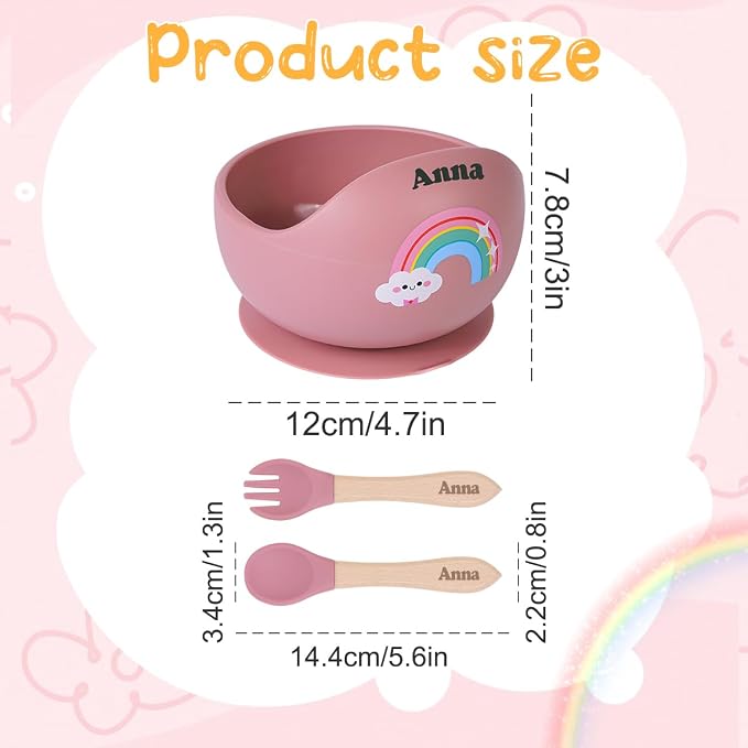 TYRY.HU Personalized Baby Bowl with Suction with Name, Baby Spoon and Fork with Name, Baby Led Weaning Supplies, Silicone Baby Feeding Set (Pink)
