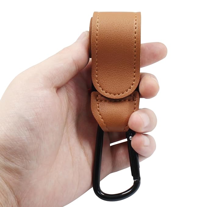 Bonsicoky 4 Pcs Stroller Hooks for Diaper Bag - Durable Leather Stroller Straps Diaper Bag Hooks - Stroller Clips for Stroller Wheelchair Shopping Carts - Black + Brown