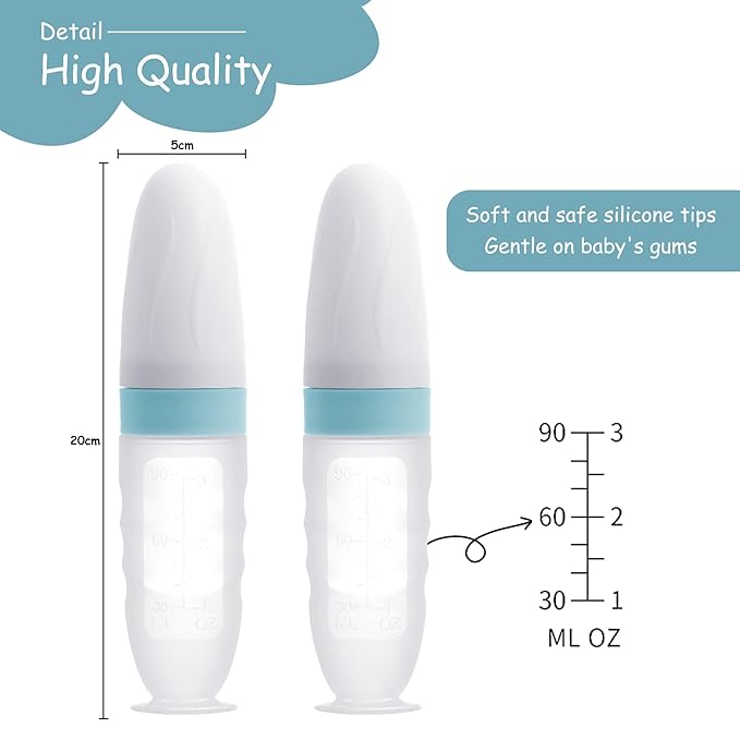 WAJIAYON Baby Food Feeder 4 Pack Silicone Baby Food Dispensing Spoon-3 oz Squeeze Feeding Spoons with Suction Cup for Boys Girl Kids Toddlers - Self Feeding Bottle Spoon-Light Blue