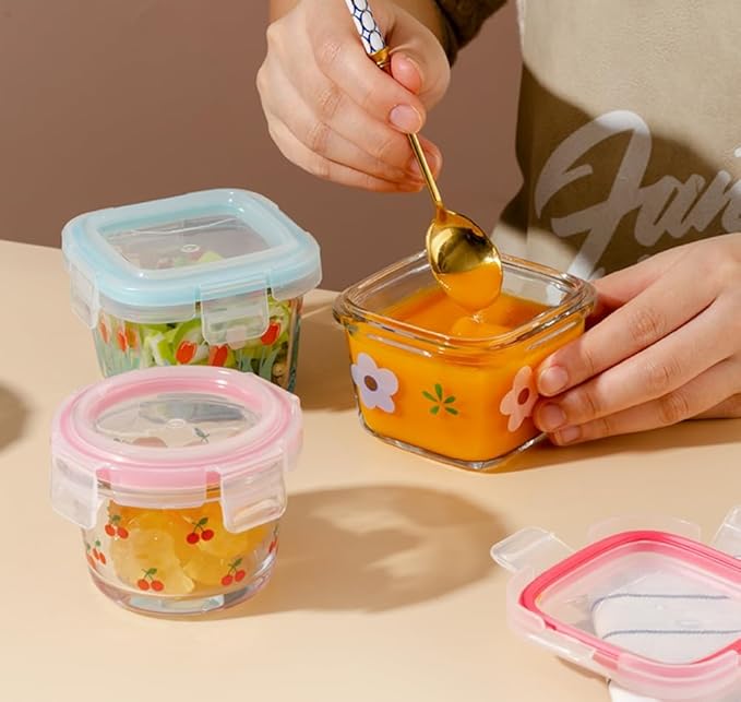Ivymei 2 Pack Mini Glass Containers with lids,Small Tulip Food Storage Contaiers Glass Food Jars for Food Portion,Dipping Sauce,Snack,Yogurt,Fruit,Leakproof,Microwave Freezer Safe