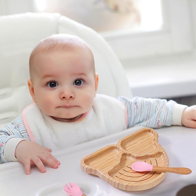 let's make Marble Plate Set, 4 Pieces Bamboo Suction Place Setting for Baby-Led Weaning Feeding Set, Rainbow Design