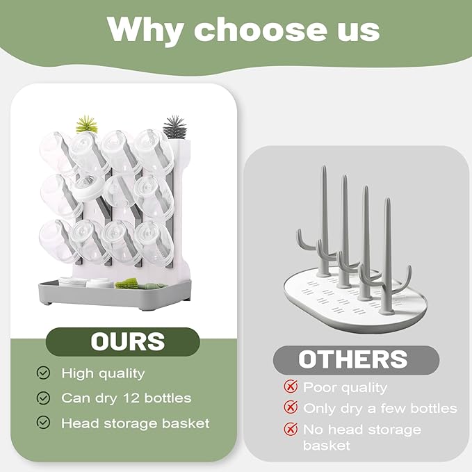Hranio Baby Bottle Drying Rack Baby Bottle Organizer Drying Rack Space Saving Foldable Dish Can Dry Up to 12 Bottles Large Vertical for Infant Accessories & Pump Parts (Gray)