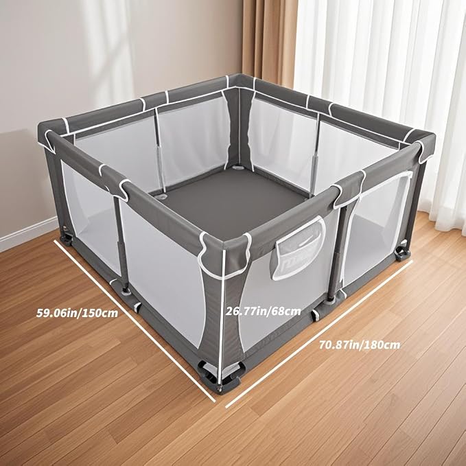 Foldable Baby Playpen 59"x71",Playpen for Babies and Toddlers with Mat,Foldable playpen with Door,Indoor and Outdoor Baby Fence Play Area (Grey (Cationic Fabric), Foldable 59"x71" with Mat)