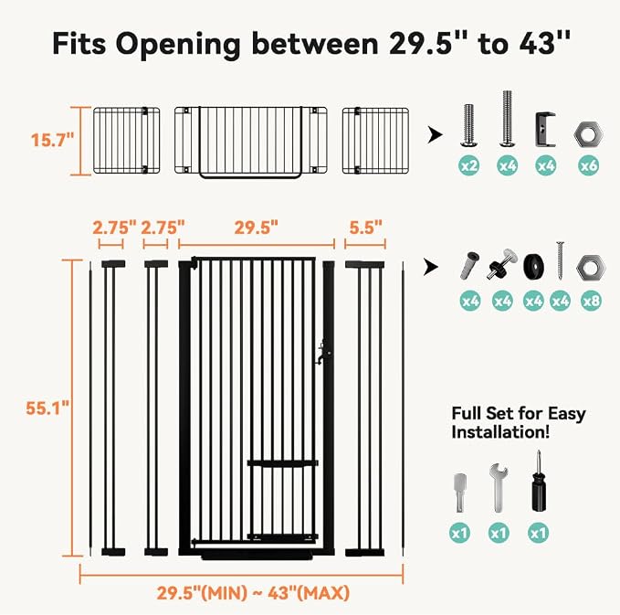 COMOMY 71" Extra Tall Pet Gate for Cats, 29.5-43" Extra Wide Cat Gate with Adjustable Cat Door, Pressure Mounted Easy Walk Through Pet Gate with Door for Stairs, Doorways, Kitchen(Black)
