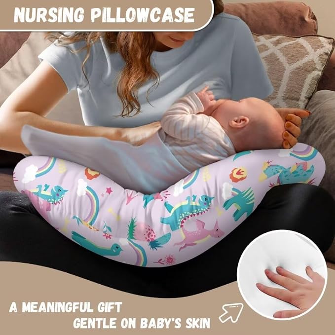 Removable Cover for Breastfeeding Pillows,Baby Nursing Pillow Cover, Ultra Soft Breathable, Stretchy Feeding Pillow Case with Hidden Zipper,Cartoon Dinosaurs Cloud Rainbow