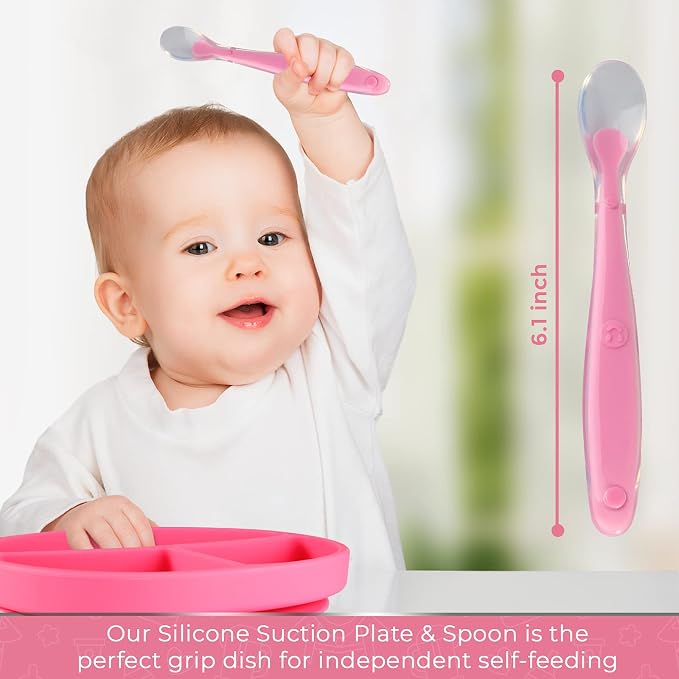 Sperric Silicone Suction Plate for Baby - 100% Food Grade Silicone Divided Plate | Toddler Self Feeding Training Suction Plate Set | BPA-Free, Microwave & Dishwasher Safe Stay Put Plates (Pink)