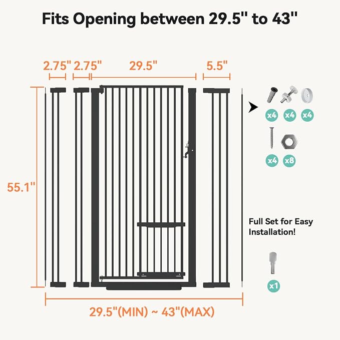 COMOMY 55.1" Extra Tall Pet Gate for Cats, 29.5-43" Extra Wide Cat Gate with Adjustable Cat Door, Pressure Mounted Easy Walk Through Pet Gate with Door for Stairs, Doorways, Kitchen(Black)