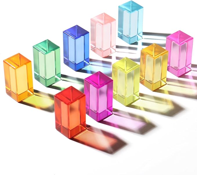 Dinhon 10 Pcs 10 Unique Colors Elongated Acrylic Blocks - 2.5x2.5x5CM Rainbow Gem Rectangular Cubes, Sensory Stacking Toy for Toddlers 1-5, Birthday Gift for Kids