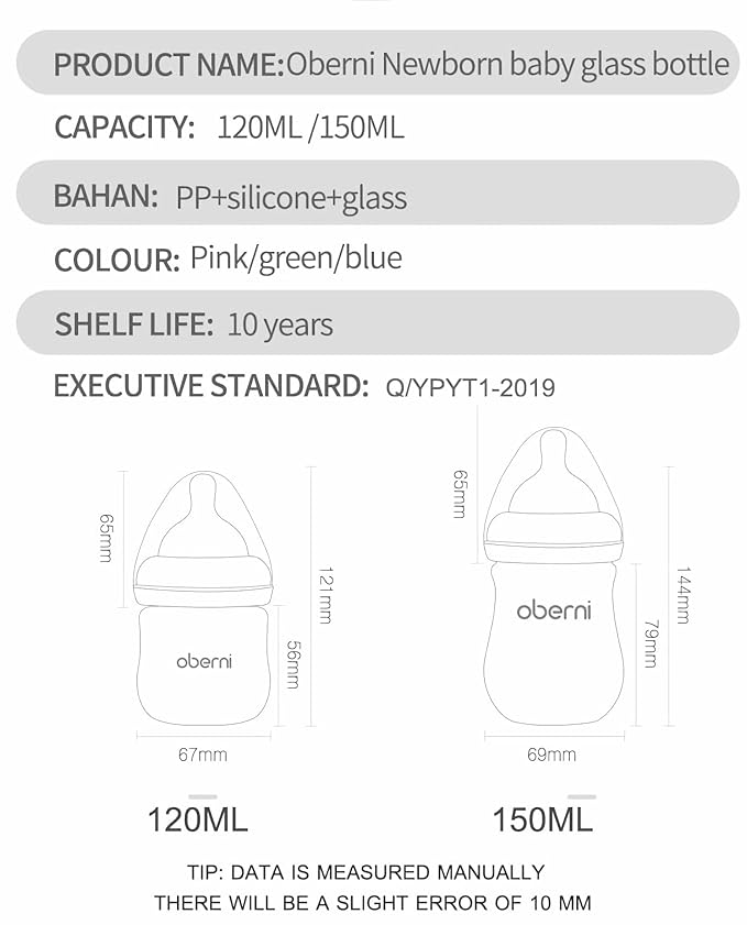 Oberni Glass Baby Bottles,Anti Colic Breastfeeding Bottle with Natural Response Nipple Size S,Wide Neck Slow Flow Baby Bottle for Baby,Newborn,Preemie 0-3 0-6 Month,BPA Free (Pink, 5 Ounceï¼? Pack)