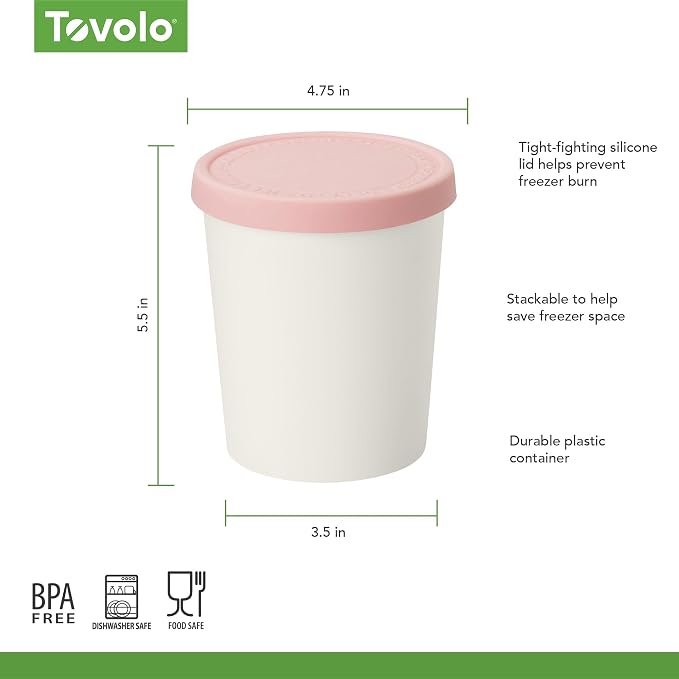 Tovolo Sweet Treat, Reusable Ice Cream Container for Homemade Ice Cream, Pink - 1 Quart Stackable Storage Tubs with Silicone Lids for Freezer - BPA-Free & Dishwasher-Safe