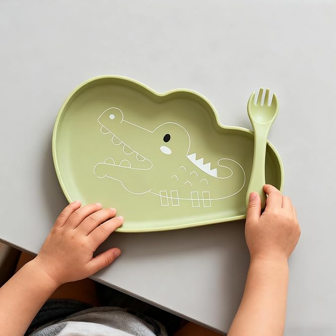 BabyX Baby Silicone Feeder Set, 3-pcs Safari Wildlife-themed Baby Plate with Suction, Spoon and Fork for Babies Toddler Kids, BPA-Free, Baby Utensils Feeding Supplies, Microwave and Dishwasher Safe