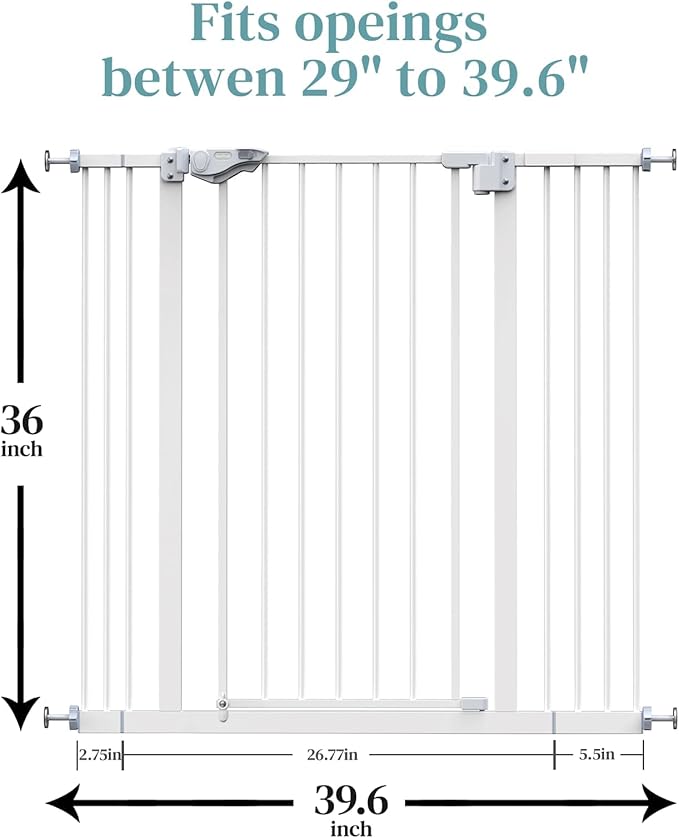InnoTruth 29-39.6?�Baby Gate for Stairs,36" Extra Tall Dog Gate for The House,Dual-Lock Safety and One Hand Opening Design,Kid Gate for Doorways,Kitchen,Room,Wall-Friendly Pressure Mounted, Pure White