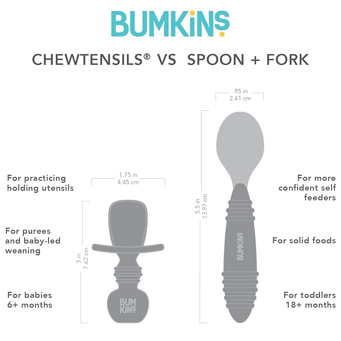 Bumkins Baby Utensils Set, Chewtensils Silicone Spoons for Dipping, Self-Feeding, Baby Led Weaning, Trainer Learning, First Stage Eating, Soft Practice Fork and Spoon, Babies 6 Months, Sand Beige