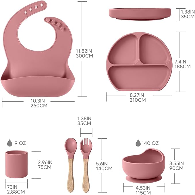 Baby Suction Plates and Bowls Set - 100% Food Grade Silicone Toddler Feeding Supplies for BLW | Stay-Put Divided Dish | Includes Bonus Bib, Cup & Soft Spoon/Fork (6-Piece)