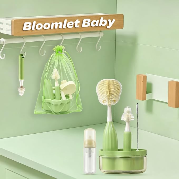 Baby Bottle Brush Set, Silicone Bottle Brush Cleaner with Nipple & Straw Brushes, Push-Press Bubble and Drying Rack for Bottle Cleaning,BPA-Free,Bottle Washer Brush for Breast Pump (Green)