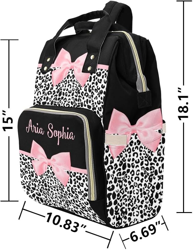 Personalized Diaper Backpack Pink Bow Leopard Print Multi Function Diaper Bag Travel Daypack Nursing Nappy Bag
