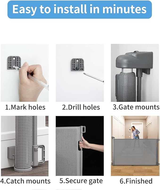 Retractable Baby Gate for Stairs – 33” Height, Expands up to 71” Width – Safety Gate for Infants, Toddlers, Dogs & Pets – Easy Install, Secure Closure, Gray Mesh Design for Indoor & Outdoor Use