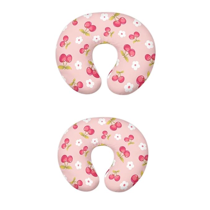 Pink Cherry and Floral Nursing Pillow Cover Slipcover for Breastfeeding Pillows, Soft and Stretchy Safely Breastfeeding Pillow Cover Easy to Clean