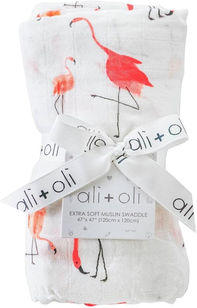 Ali+Oli Muslin Swaddle Blanket for Baby (Flamingo) Large 47" x 47" Soft Rayon Made from Bamboo & Organic Cotton, Machine Washable Receiving Blanket Wrap for Newborn to Toddler