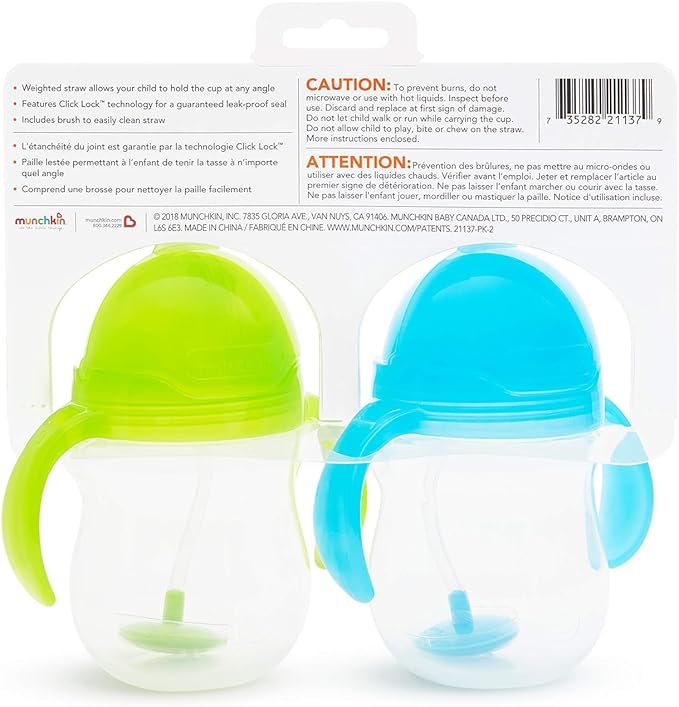 Munchkin Weighted Straw Sippy Cups for Toddlers 7oz, Leak Proof, Easy to Hold-Great toddler cups with straws, Supports Straw-use Education, Straw Cups (Blue/Green)