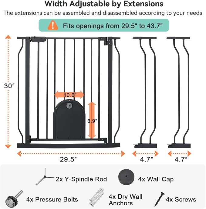 COMOMY 29.5-43.7" Baby Gate with Adjustable Cat Door,Extra Wide Metal Cat Gate for Stairs Doorways, Auto Close Dog Gate with Pet Door for House, Pressure Mounted Easy Walk Through (30" Tall, Black)