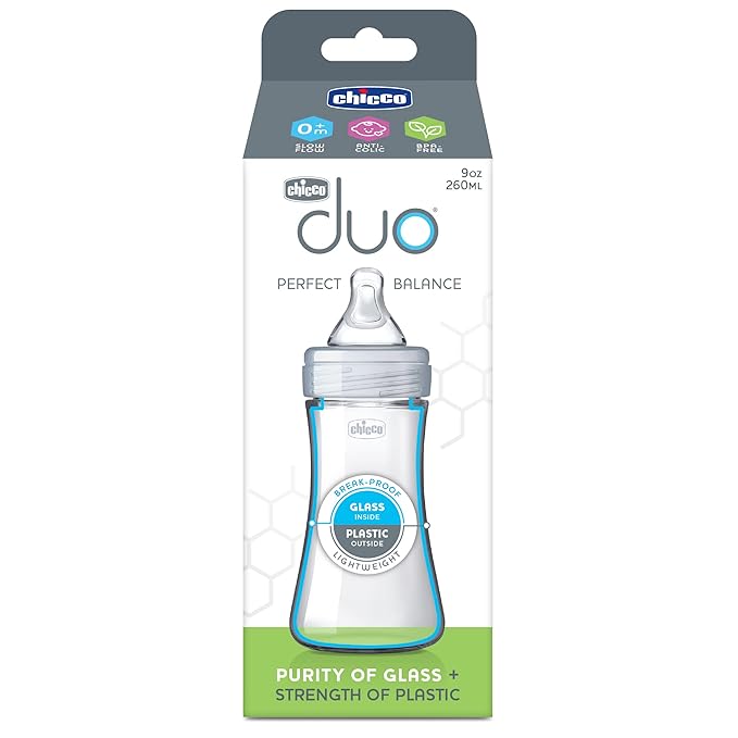Chicco Duo 9oz Hybrid Baby Bottle, Real Glass Inside, Lightweight Plastic Outside, Patented Invinci-Glass Technology, Intui-Latch Nipple, Clear/Grey