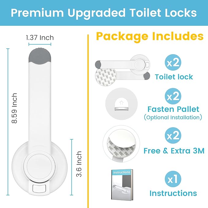 4our Kiddies Baby Toilet Lock (2 Pack) for Child Safety, Baby Proof Toilet Seat Lock with 2 Extra Pallet Fit for Most Standard Toilet, Easy Intallation Toilet Lid Lock with 2 Extra 3M Adhesive