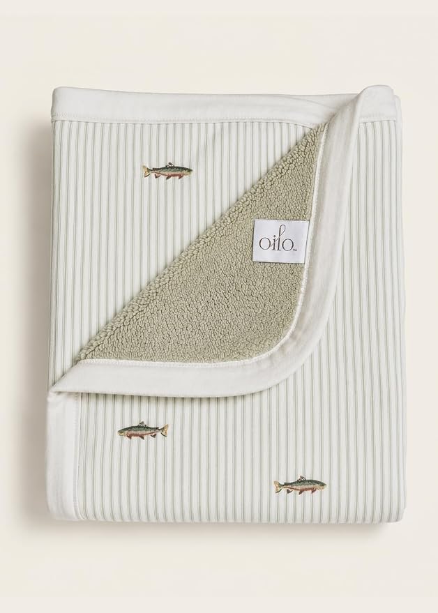 Oilo Baby Blanket, Luxury Soft Plush Chenille Backing & Organic Cotton Jersey Print, Double Layered, 30" x 40", Rolled Jersey Edge Trim, Machine Washable, Perfect for Infant or Toddlers, Trout
