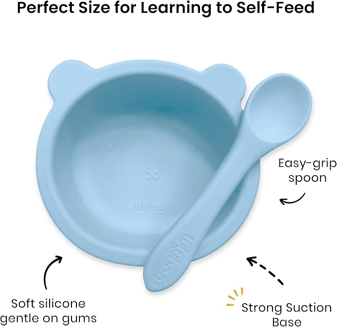 Lulyboo Silicone Bear Suction Bowl & Spoon Set for Babies & Toddlers - Food Grade, Non-Toxic Silicone, Anti-Spill Design, Self-Feeding Utensils, Durable & Dishwasher Safe, Ideal for First Mealtime
