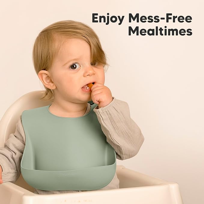 KeaBabies 2-Pack Silicone Bibs for Babies, Toddlers Girl, Boy ??Sturdy Food-Grade Baby Bibs for Eating, Large Food Catcher, Clean & Put On Easily, Waterproof Toddler Feeding Essentials (Sage)