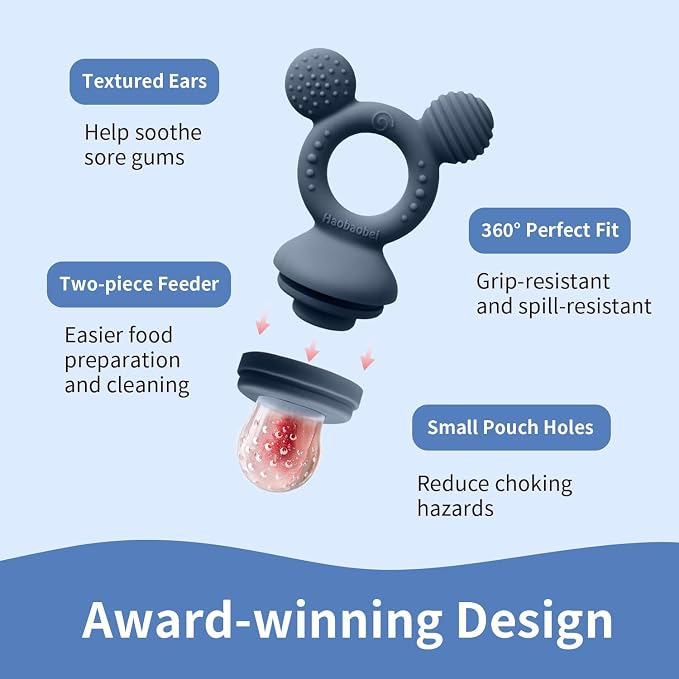 Baby Fruit Feeder 2 Pack with Freezer Tray, 4 Silicone Pouches in 3 Sizes, Breastmilk Popsicle Mold, Food Feeder Pacifier and Silicone Teether for Teething Relief, 4+ Months