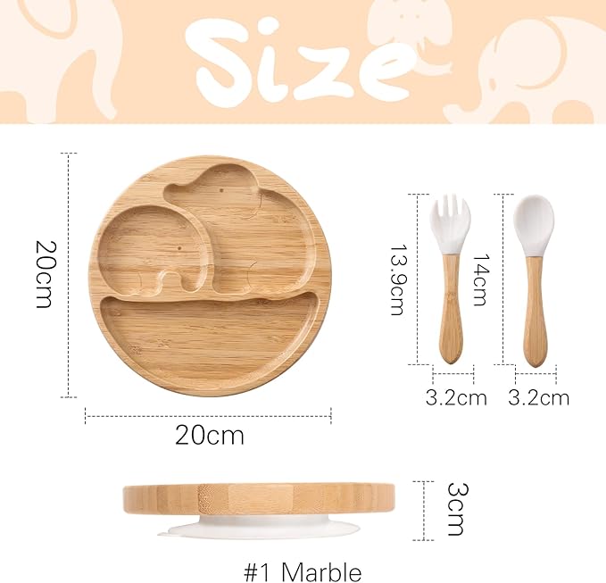 Suction Plates for Baby & Toddler, Bamboo Divided Platter Feeding Dishes with Silicone Fork& Spoon, All-Natural Baby Food Plate Stays for Baby-Led Weaning, Non-Slip Design