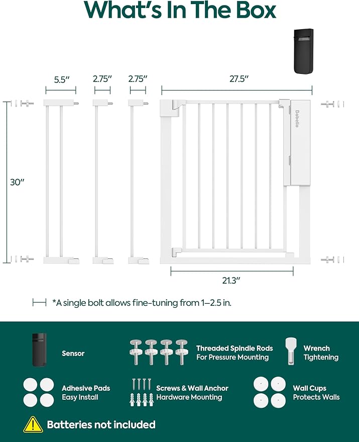 Babelio Smart Baby Gate with Auto-Unlock/Close, Pressure Mounted No Drill for Doorways/Top of Stairs. Pet/Dog Door Wide Walk Thru w/Infrared Sensor & Safety Alert (White, 30.3-47.2" W, 30" H)