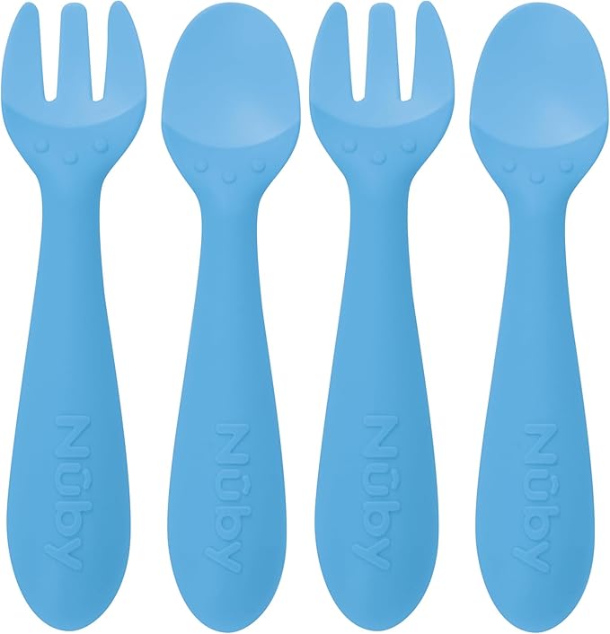 Nuby Silicone Easy Grip Fork & Spoon Set, 12+m in Blue (Pack of 2)