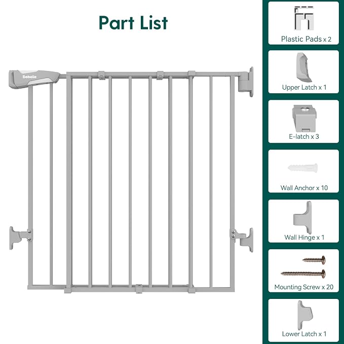 Babelio Baby Gate for Stairs, Kitchen & Doorways, 26-43" W 28" H No Bottom Bar| Easy Installation| One-Handed Operation| Auto-Close| Hardware Mount (Drill Needed) Safety Dog/Pet Gate Indoor (Grey)