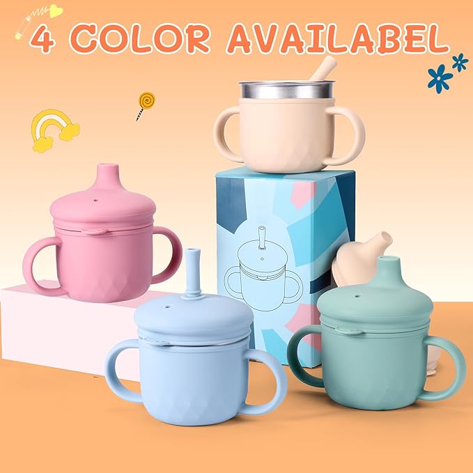 BUSOHA Stainless Steel Toddler Sippy Cup ??8oz Spill-Proof Straw Cup for 6+ Month Babies & Toddlers, 3-in-1 Reusable Travel Cup with Brush ??Dishwasher Safe, Kids Drinking Cup,Beige