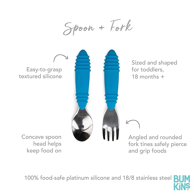 Bumkins Toddler Utensils, Kids Size Fork and Spoon Set, Silicone and Stainless-Steel Training Silverware, Angled Forks / Sporks for Self-Feeding, Children Hold Learning to Eat, 18 Mos Up, Dark Blue