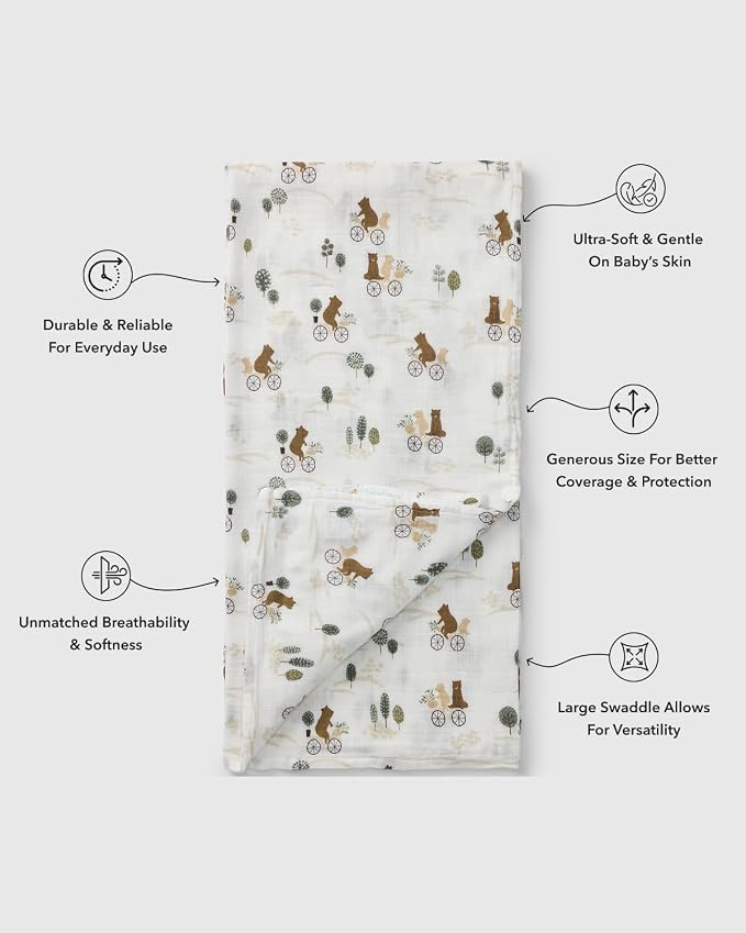 Loulou Lollipop Muslin Swaddle Blanket for Baby Boy & Baby Girl – Soft Breathable Muslin Wrap, 47"x47" Receiving Blanket for Newborn & Toddler - Bears on Bikes