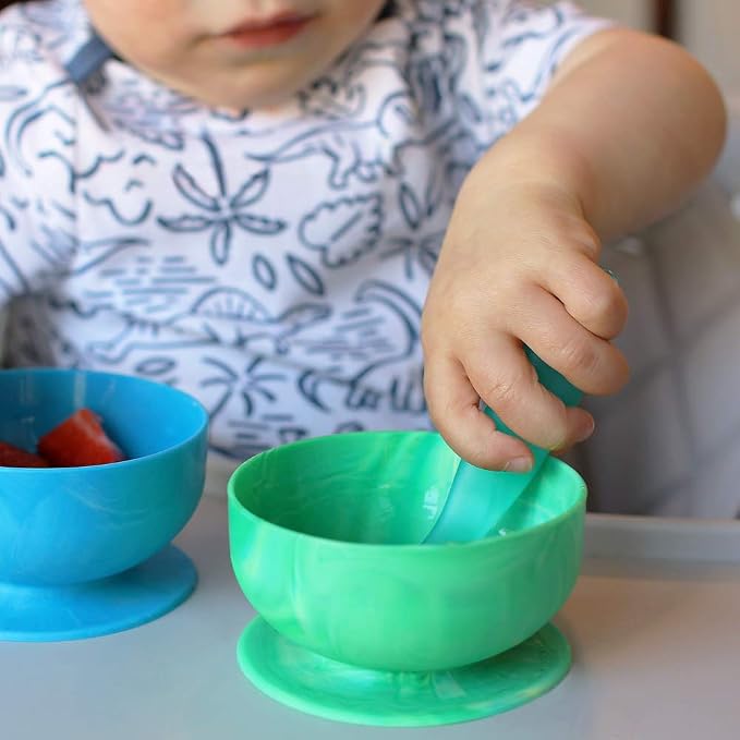 ChooMee FlexiDip Silicone Baby Learning Utensil | 4 Months + Baby Led Weaning | Flat Head Spoon with Firm Handle | Designed in USA, BPA Free, Premium Grade Platinum Silicone | 2 CT Aqua Green