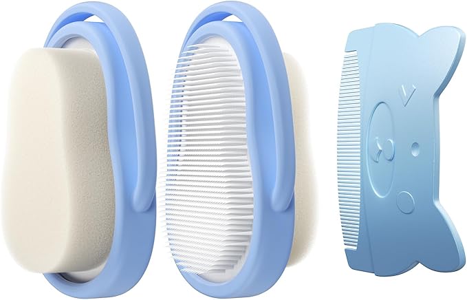 3-in-1 Baby Cradle Cap Brush Kit, Soft Brush, Curved Comb & Bath Sponge | BPA-Free Cradle Cap Treatment Set for Newborns & Infants Scalp Massage Dry Skin Flakes Removal, Light Blue
