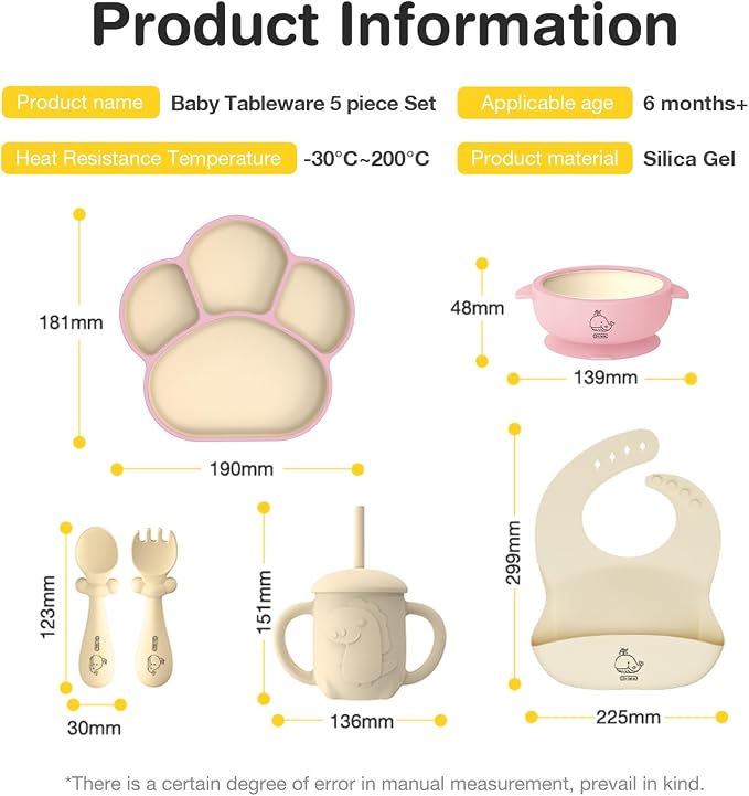 Dr.Isla Baby Feeding Set 5 Pcs - BPA Free Food Grade Silicone Baby Essentials - Includes Suction Plate & Bowl, Training Sippy Cup, Soft Spoon & Fork, Toddler Eating Utensils, Baby Gift, Pink