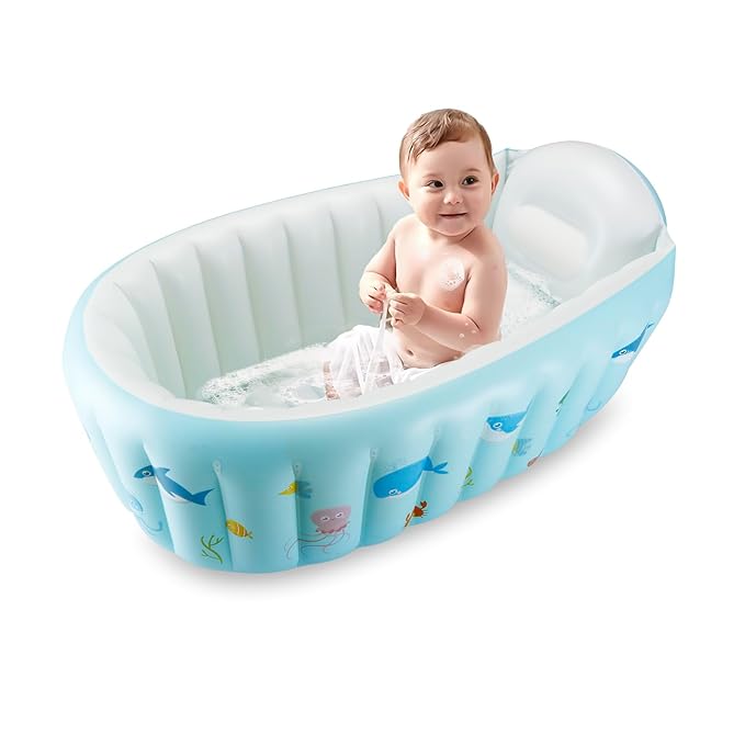 PandaEar Baby Inflatable Bathtub, Portable Travel Baby Infant Bath Tub Toddler Bathtub with Air Pump, Foldable Non-Slip Shower Basin Mini Air Swimming Pool for Newborn (Whale Blue)