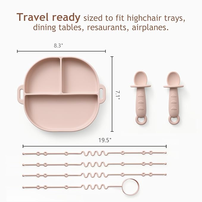 Andy Bear Silicone Plates for Babies with Suction Divided Baby Spoons Silicone Baby Toy Straps All-in-one Plates Silicone Placemat for Babies Toddlers Attachable Tethers & Built-in Suction Cups-Ivory