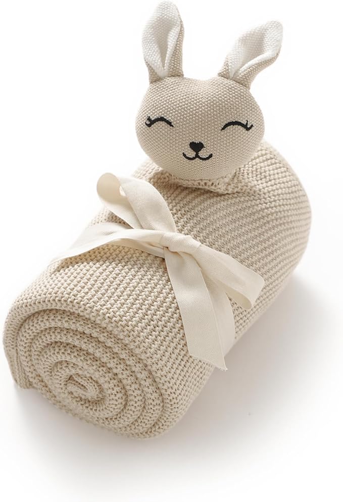 LAWKUL Bunny Lovey Baby Blanket Soft Plush Security Blanket Knit Snuggle Comfort for Newborns Toddlers Boy Girl Camel 40x30in