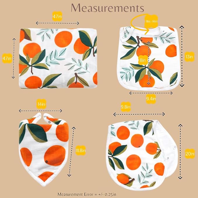 Muslin Swaddle Blanket Set for Baby – 4-Piece Newborn Essentials with Swaddle, Burp Cloth & Bibs, Soft Breathable Receiving Blanket | Clementine