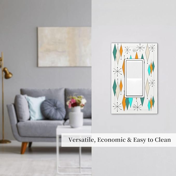Modern Mid Century Geometric Abstract 1-Gang Decorator Rocker Outlet Light Switch Cover Retro Funny 1960S Diamond Atomic Art Decorative Single Device GFCI Receptacle Switch Wall Plate Dimmer Mid Size