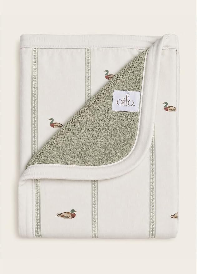 Oilo Baby Blanket, Luxury Soft Plush Chenille Backing & Organic Cotton Jersey Print, Double Layered, 30" x 40", Rolled Jersey Edge Trim, Machine Washable, Perfect for Infant or Toddlers, Mallard