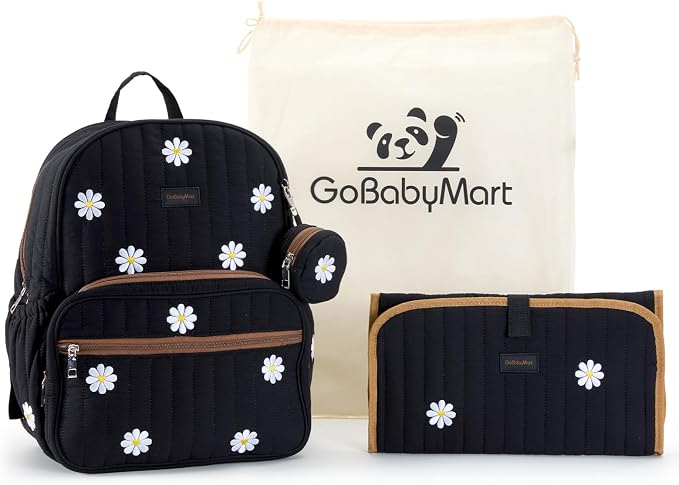 GOBABYMART Large Diaper Bag Backpack with Changing Pad, Insulated Bottle Pockets, Travel & Hospital Bag for Mom & Dad (Large - Black Flowers)
